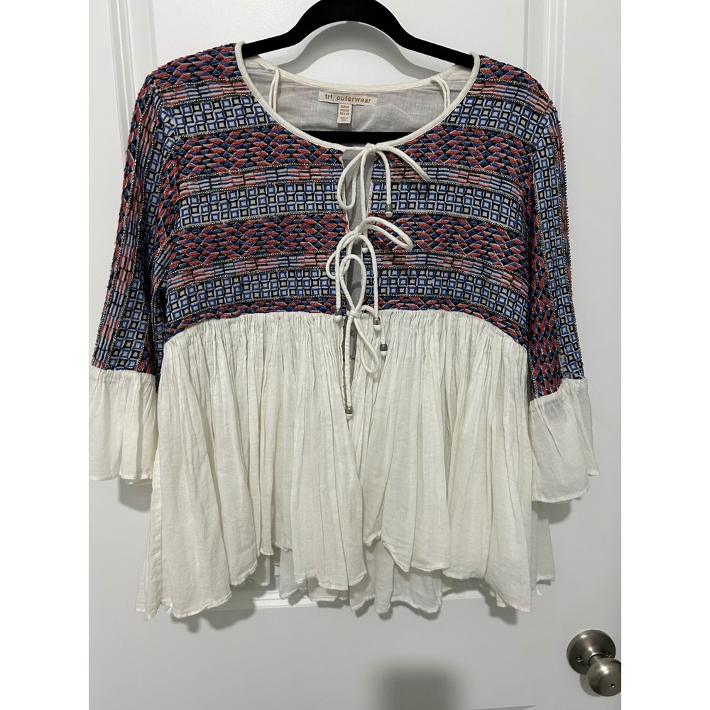 TRF Outerwear Embroidered Tie Neck Tunic Blouse‎ White Flared Sleeve Women's M